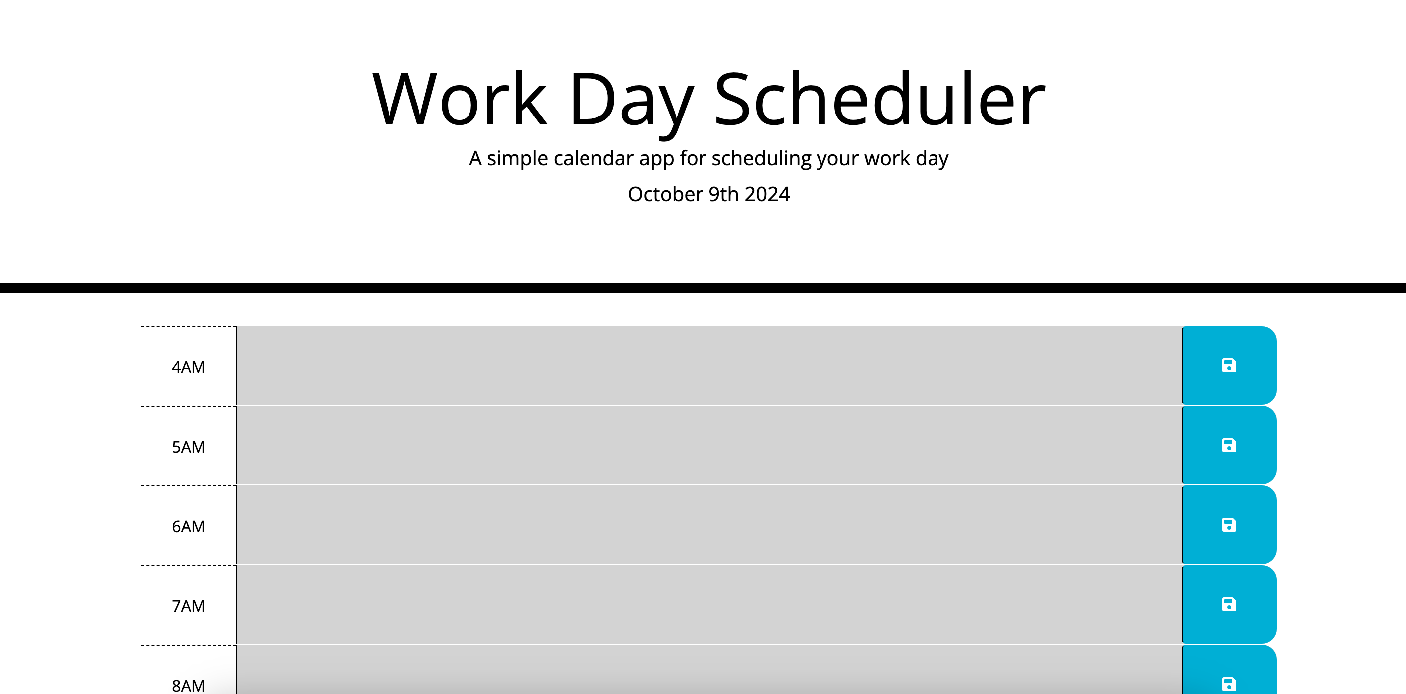 Work Day Scheduler calendar layout