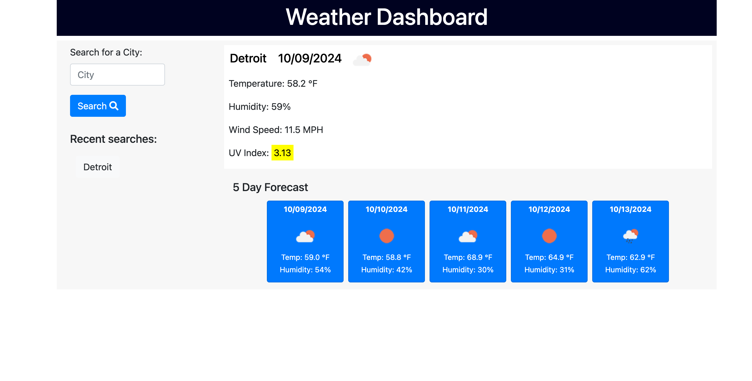 Weather dashboard app UI